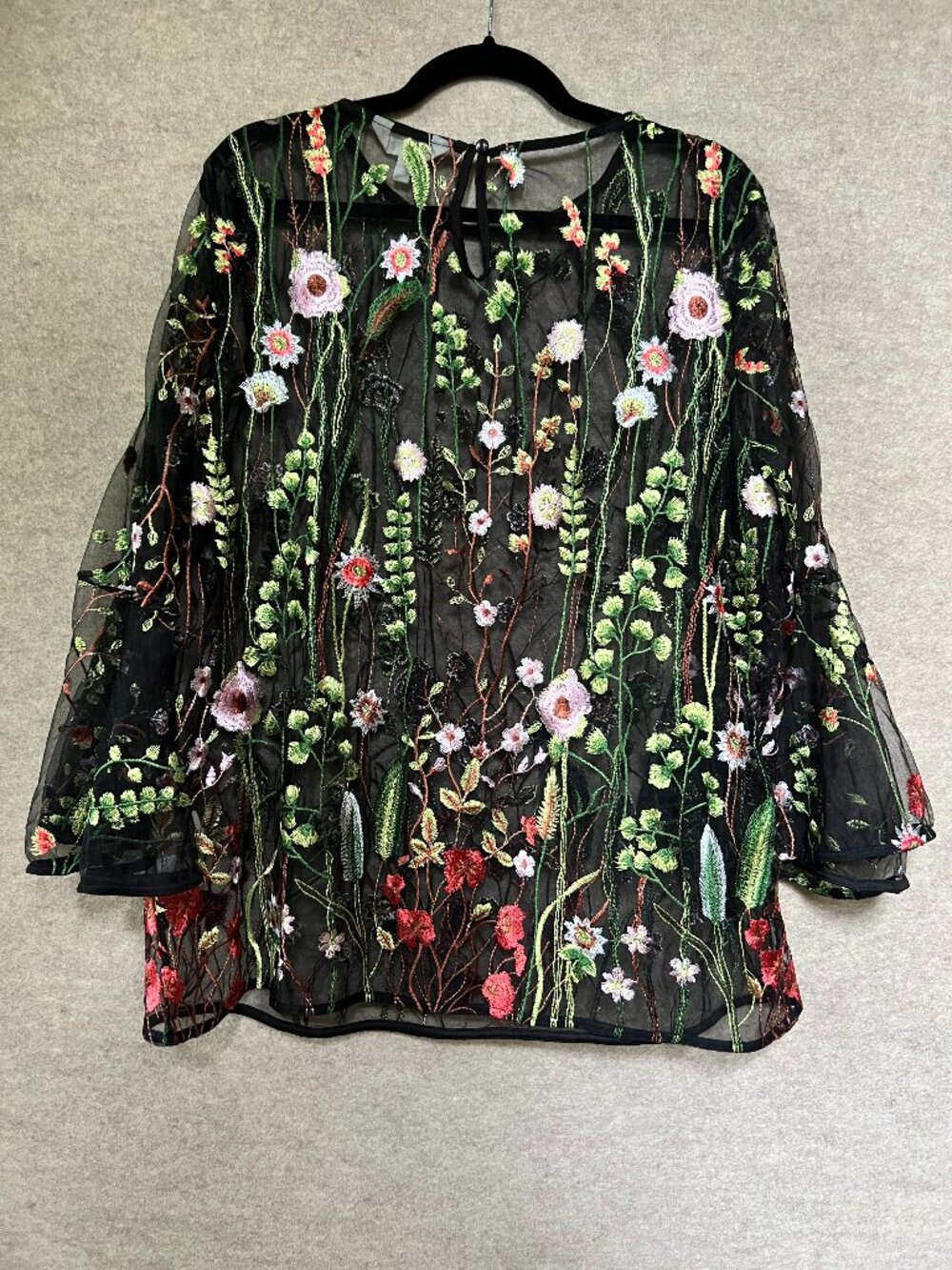 Adiva Colorful Floral Embroidered Black Mesh Bell-Sleeve Top, Size 1X